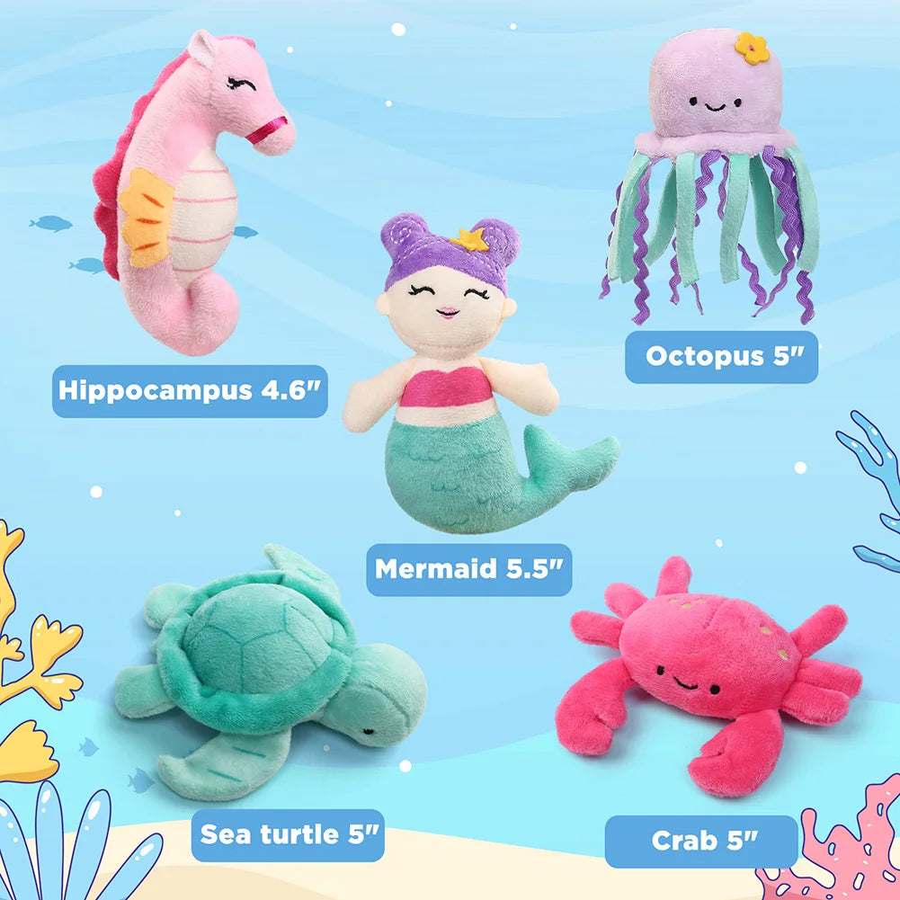 All five kawaii sea creature plushies laid out showing distinct characters