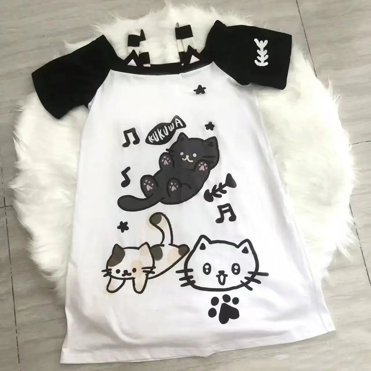 Kawaii patchwork Y2K tee flat lay showing full garment length and neckline elastication