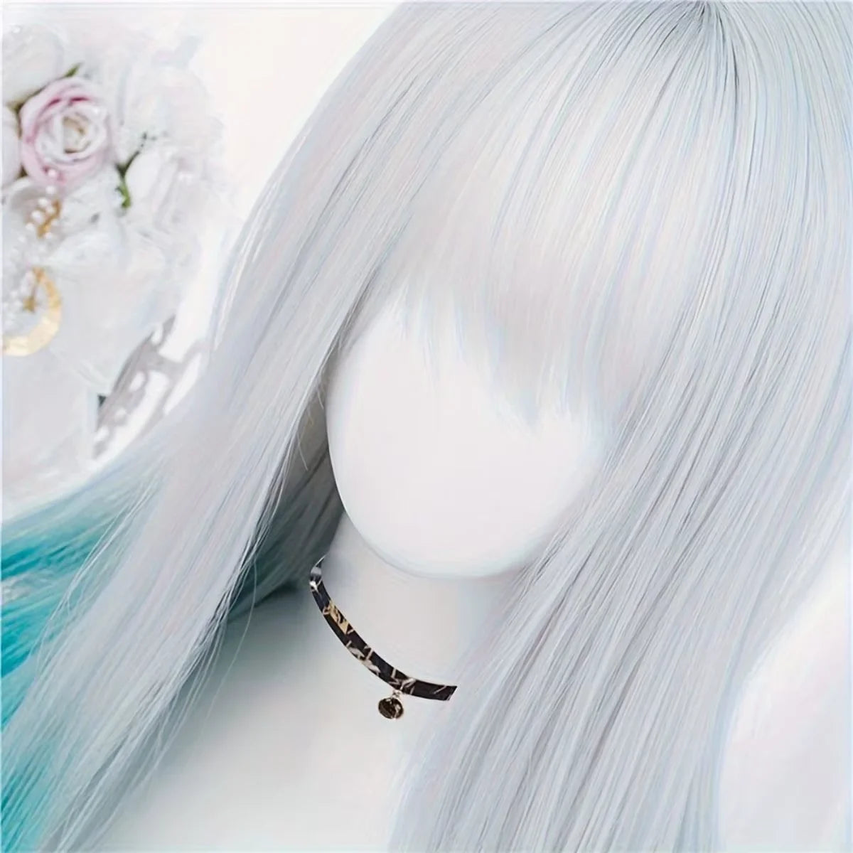Harajuku straight bangs wig white teal ombre worn on mannequin head full view