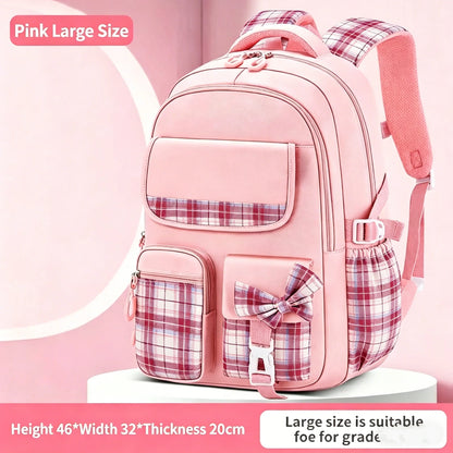 Checkered kawaii school backpack in Big Purple, front view on white background