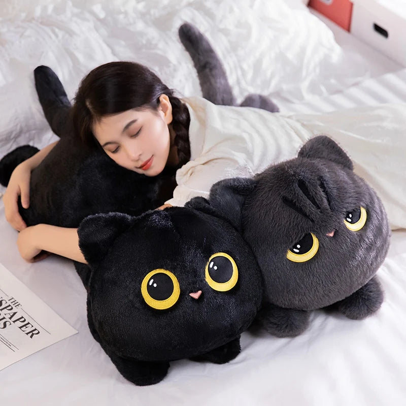 Kawaii black cat plush pillow 50cm front view on white background