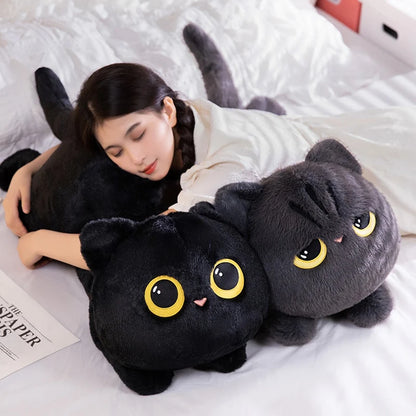 Kawaii black cat plush pillow 50cm front view on white background