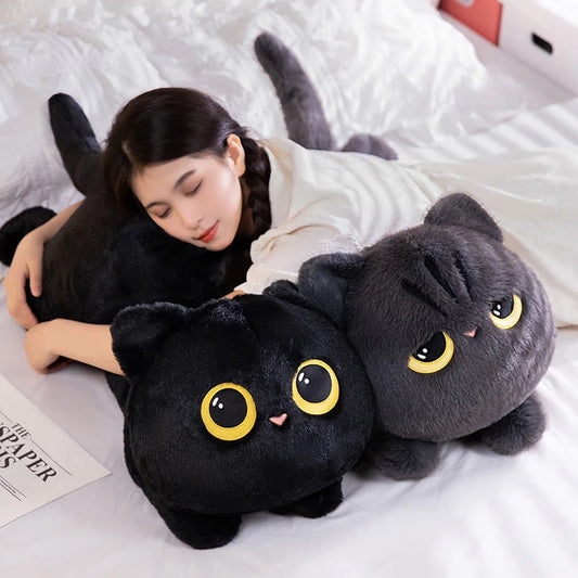 Kawaii black cat plush pillow 50cm front view on white background