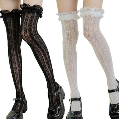 White flower fishnet over-knee stockings kawaii Lolita style flat lay
