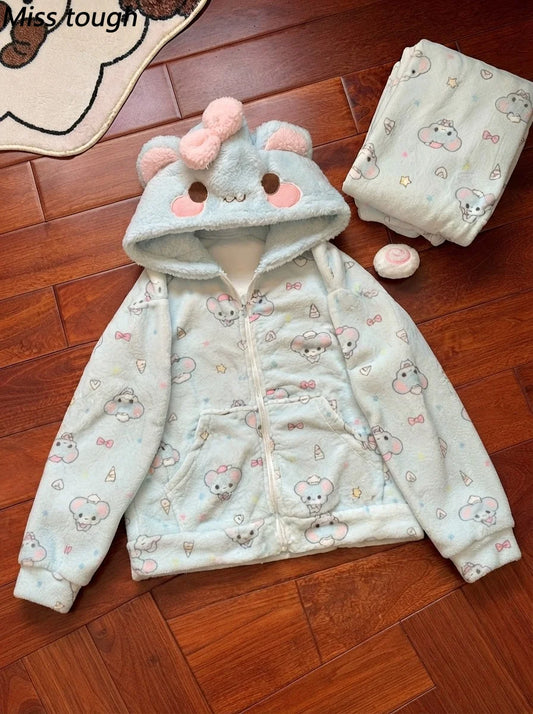 Kawaii coral fleece zip-up hoodie coat front view, blue sweet Harajuku style