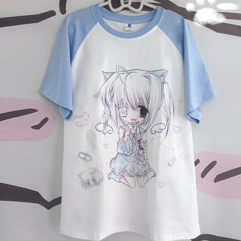 Y2K Harajuku anime tee worn with high-waisted skirt kawaii outfit
