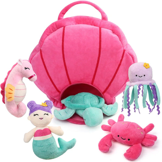 Kawaii ocean plush set with 5 sea creature figures and shell carrying bag