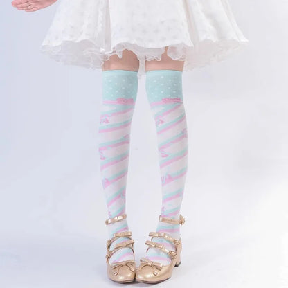 JK candy stripe stockings detail shot showing thick polyester knit construction