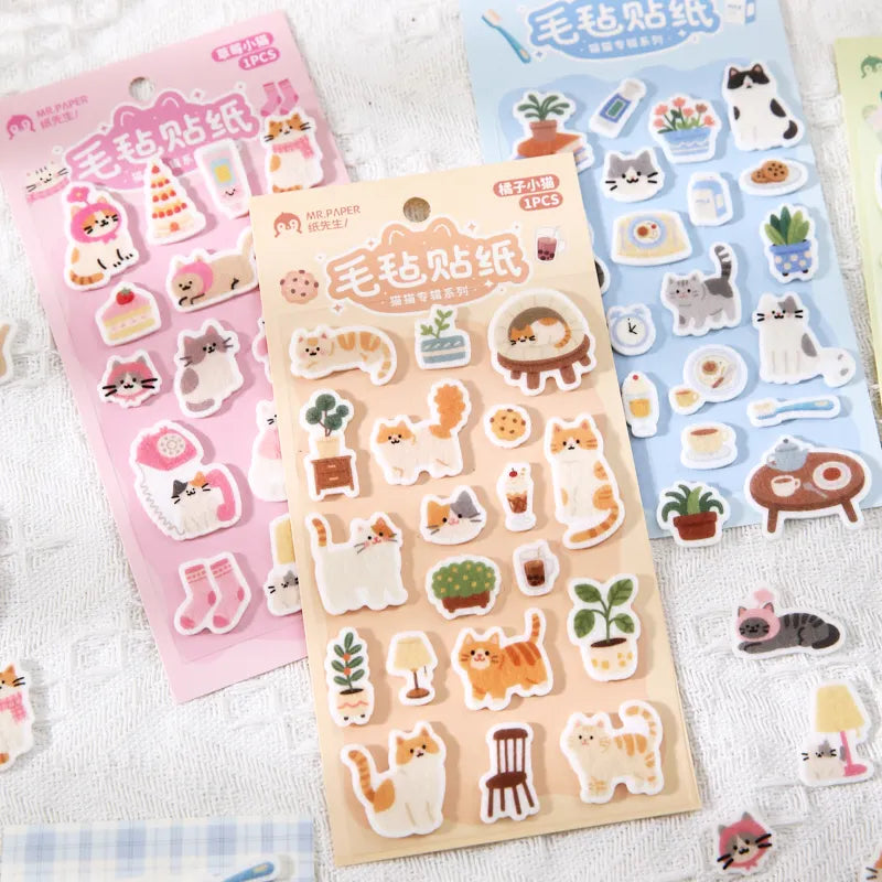 Mr.Paper kawaii cat felt stickers four packs flat lay showing all four designs