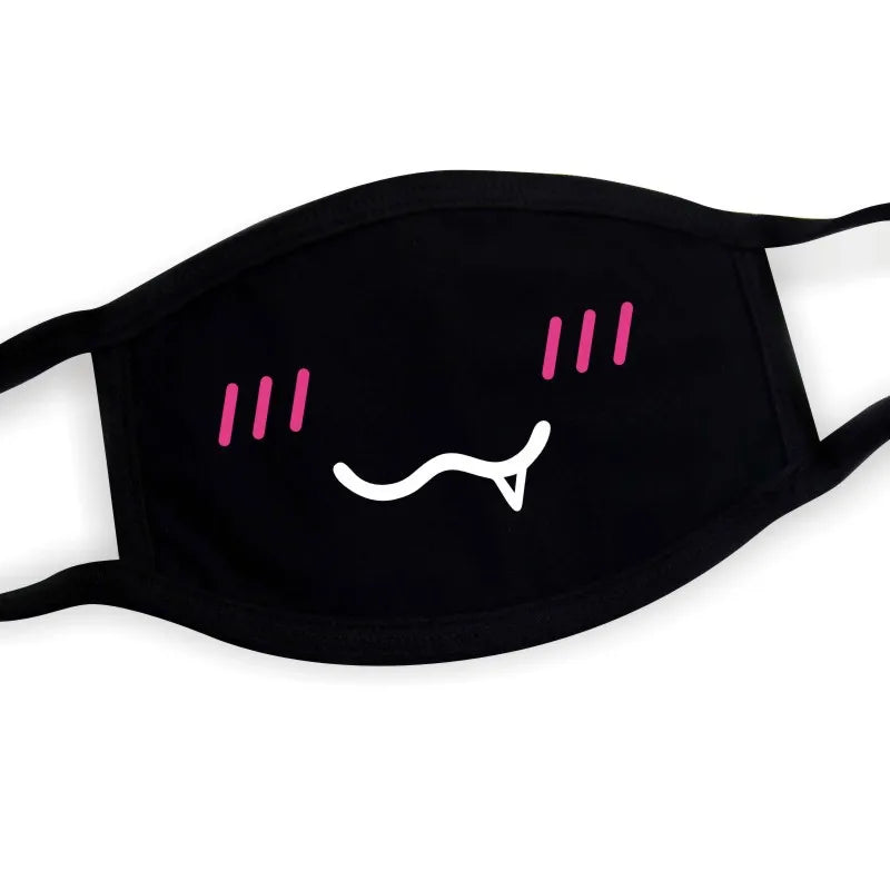Black kawaii anime face mask with squiggle smirk mouth print, unisex breathable design for cosplay and Harajuku fashion