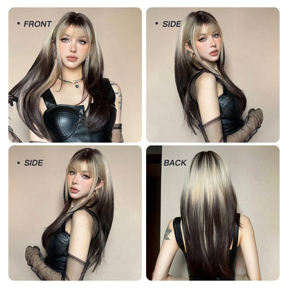Side profile of 24-inch straight ombre wig showing brown to white color shift