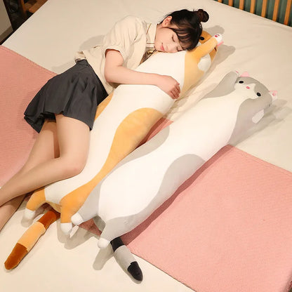 Soft long cat hug pillow close-up showing short-pile plush fabric texture