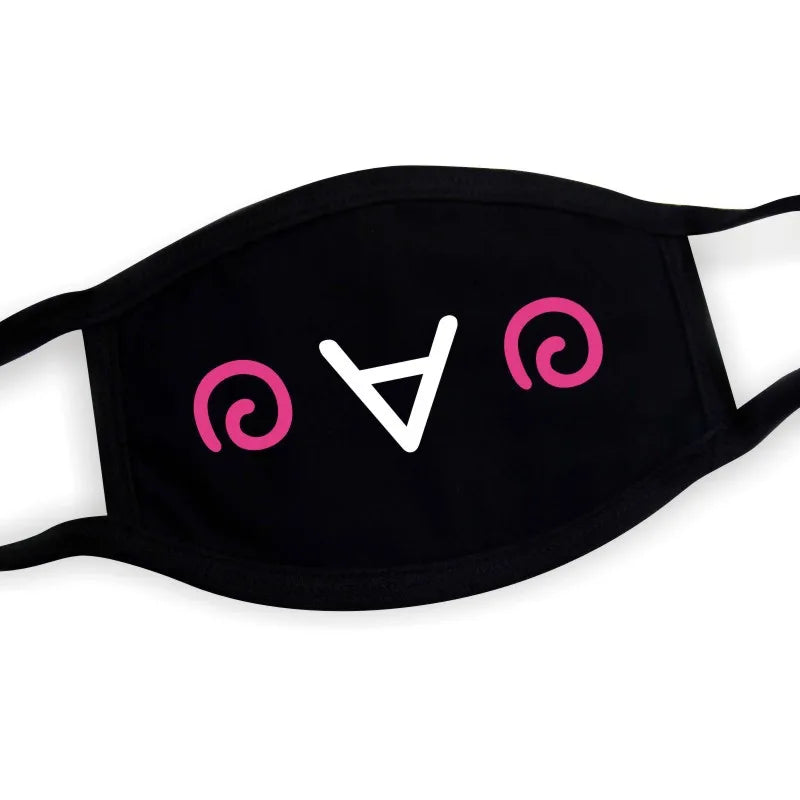 Swirly kaomoji face mask with bold expression print on black unisex base, adjustable ear loops