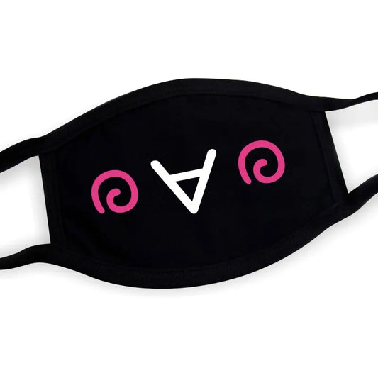 Swirly kaomoji face mask with bold expression print on black unisex base, adjustable ear loops