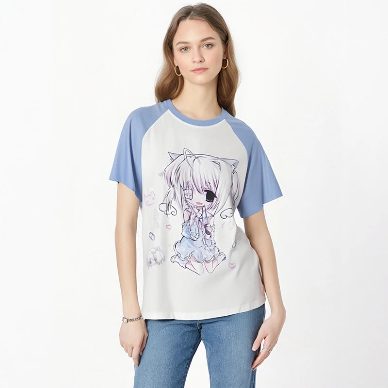Y2K kawaii graphic tee close-up anime print detail vibrant colours