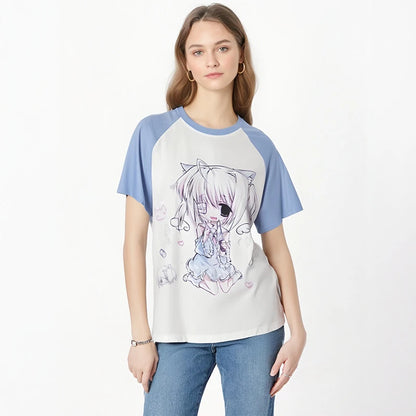 Y2K kawaii graphic tee close-up anime print detail vibrant colours