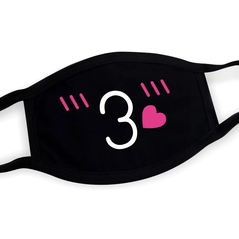 Kawaii anime face mask with pouty lips and heart kiss graphic on black fabric, unisex one size for cosplay and Harajuku fashion