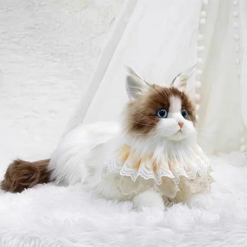 Kawaii lifelike cat plush doll held in hands showing PP cotton fill weight