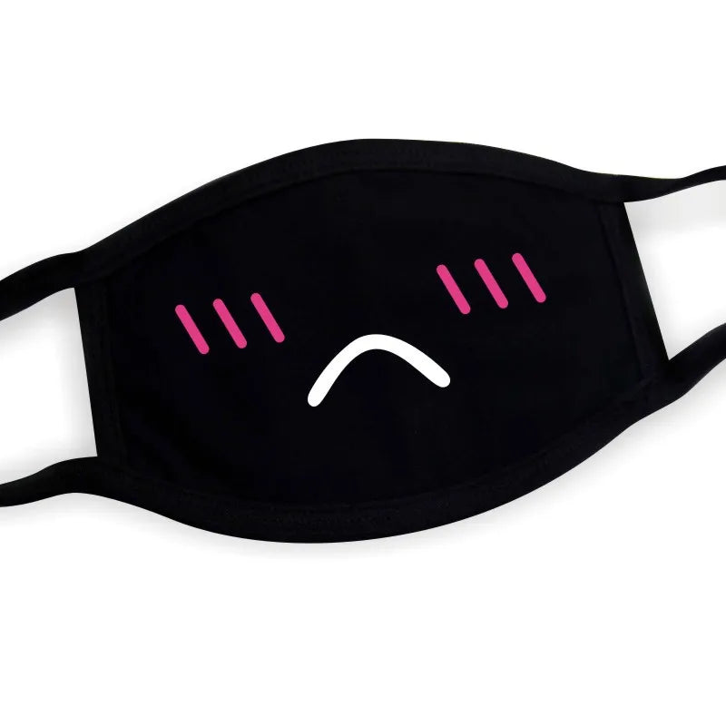 Kawaii cat face mask with printed whiskers and anime blushing cheeks on black fabric, unisex Harajuku neko style