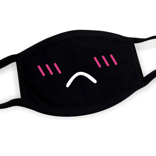 Kawaii cat face mask with printed whiskers and anime blushing cheeks on black fabric, unisex Harajuku neko style