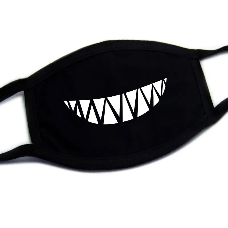 Kawaii shark face mask with white tooth smile print on black fabric, unisex Harajuku style