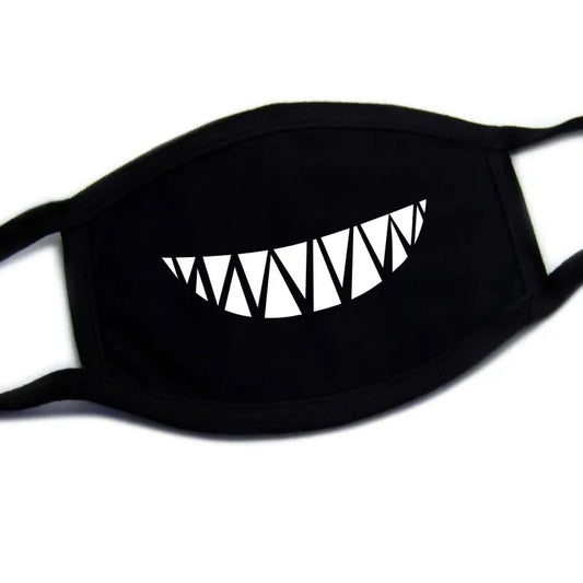 Kawaii shark face mask with white tooth smile print on black fabric, unisex Harajuku style