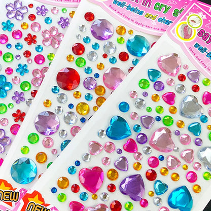 3D crystal gem stickers sheet with colorful acrylic hearts and flowers for kids DIY
