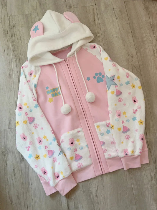 Kawaii zip hoodie women front view full-panel Harajuku cartoon print