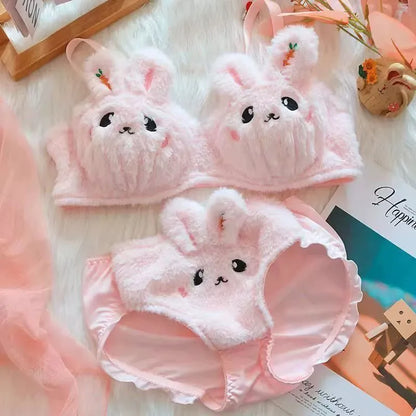 Full kawaii plush bra and briefs set flat lay, cat and bunny embroidery, pastel tones