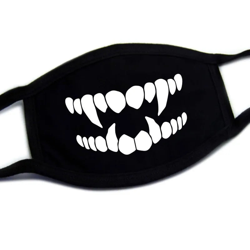 Kawaii monster fangs bite face mask black anime mouth print unisex one size Harajuku
