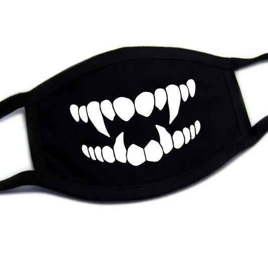 Kawaii monster fangs bite face mask black anime mouth print unisex one size Harajuku