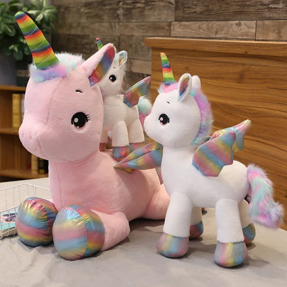 Kawaii unicorn plush pillow in pink with rainbow mane, full body view