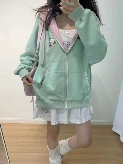 Y2K kawaii zip-up hoodie back view, cartoon cat floral graphic, white