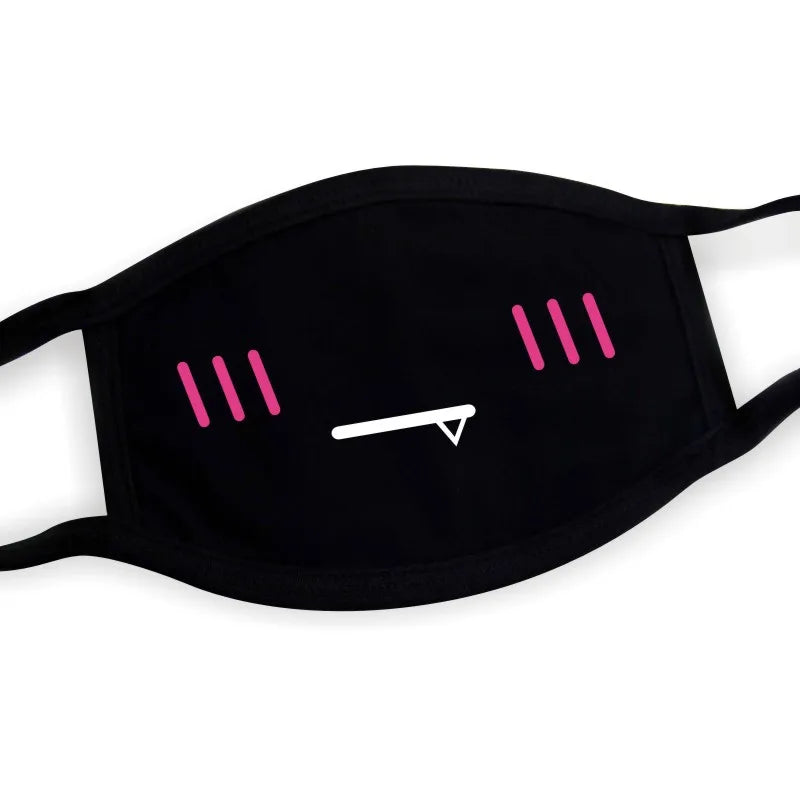 Sly smirk kaomoji face mask in black with printed expression, adjustable fit for Harajuku and cosplay