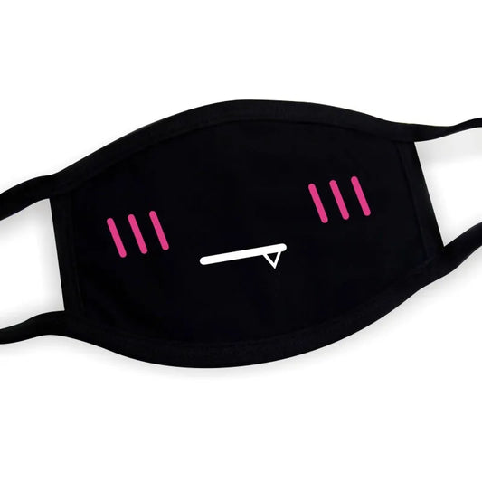 Sly smirk kaomoji face mask in black with printed expression, adjustable fit for Harajuku and cosplay