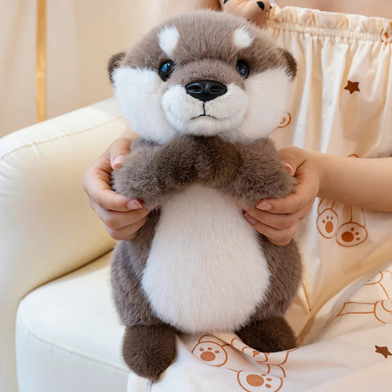 Kawaii otter plush toy 25cm sitting upright, brown and cream short-pile fabric on white surface