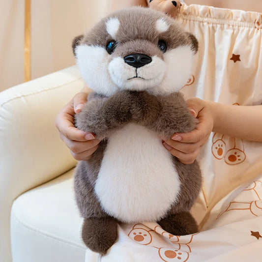 Kawaii otter plush toy 25cm sitting upright, brown and cream short-pile fabric on white surface