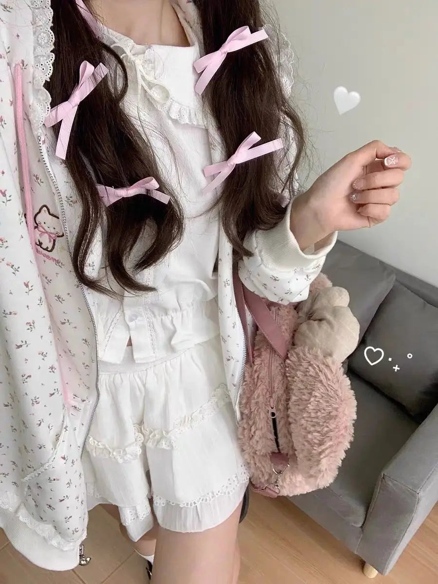Kawaii floral cat print hoodie side view showing length and silhouette