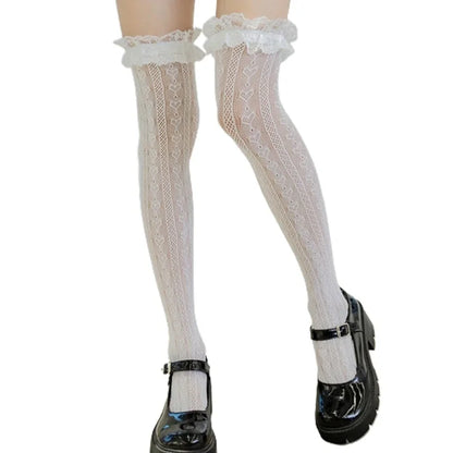 Lolita fishnet thigh high socks black and white variants side by side