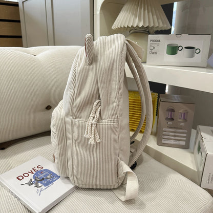 Kawaii cat backpack in yellow, side profile showing 11 cm depth and flat base