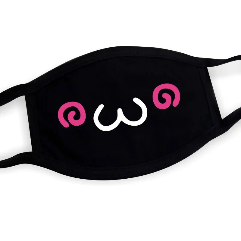 Kawaii anime face mask with swirly eyes and wobbly smile print on black, unisex adult fit
