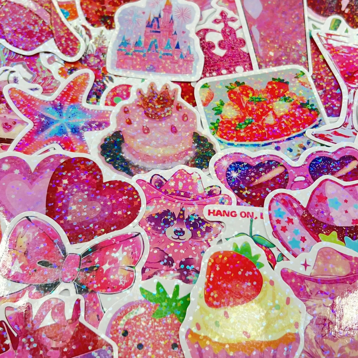 Rose pink flash film stickers spread flat showing iridescent color-shift shimmer