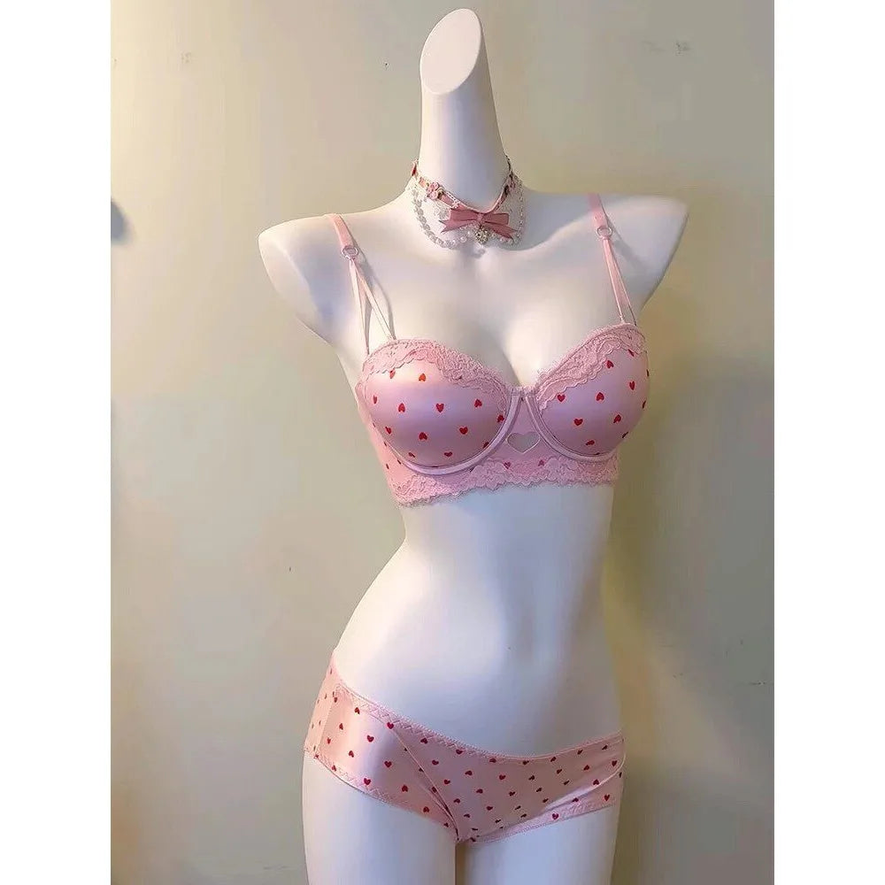 Kawaii lace bra set pink colorway, adjustable straps and three-row back closure detail