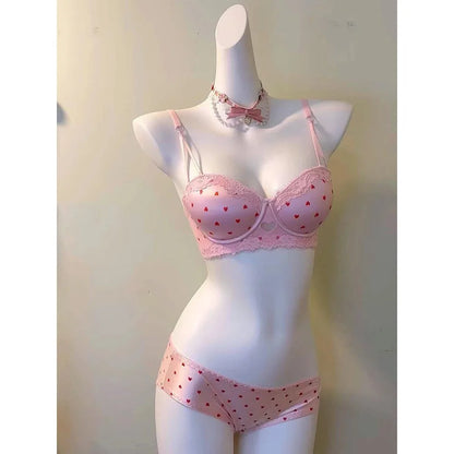Kawaii lace bra set pink colorway, adjustable straps and three-row back closure detail