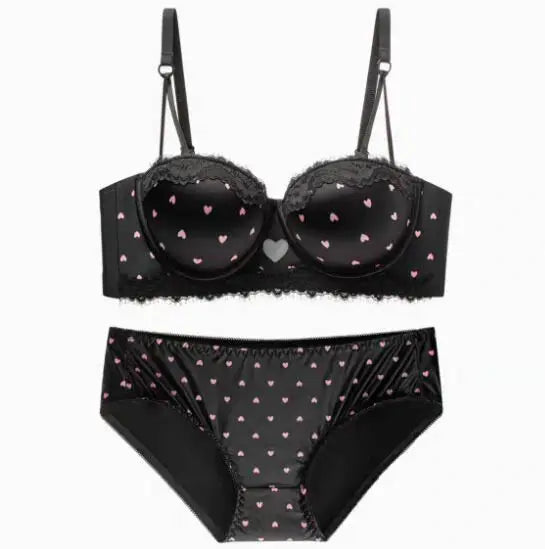 Kawaii Heart Lace Bra & Panty Set - Push-Up for Small Busts