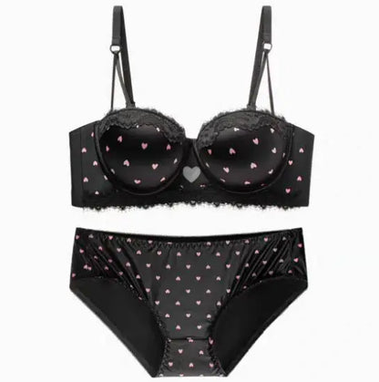 Kawaii Heart Lace Bra & Panty Set - Push-Up for Small Busts