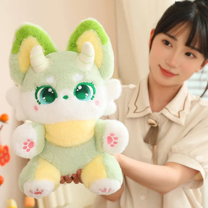 Green kawaii fox plush pillow 35cm kitsune stuffed animal full view
