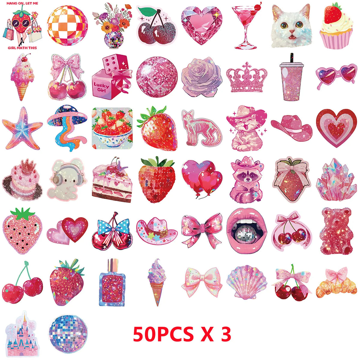 50-piece rose pink flash film sticker set displayed on white surface with soft lighting