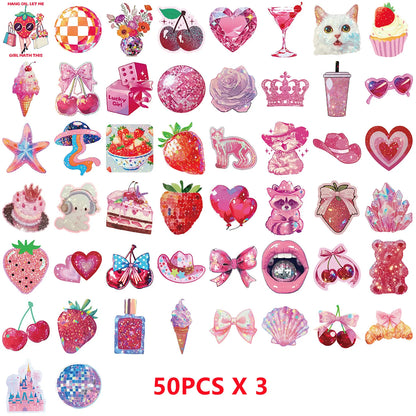 50-piece rose pink flash film sticker set displayed on white surface with soft lighting