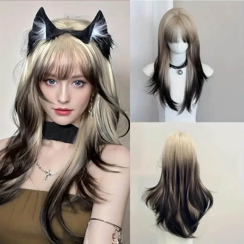 Long straight brown to white ombre wig front view, 24 inches, heat-resistant synthetic fiber